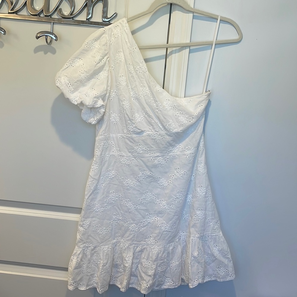 One shoulder white eyelet cotton dress